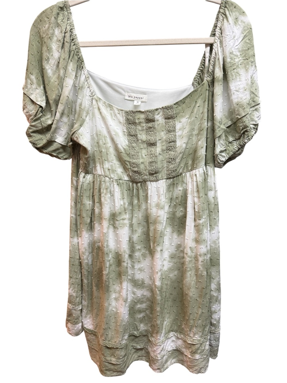 Blu Pepper Cottagecore Boho Sage Green Swiss Dot Puff Sleeve Dress : Medium
